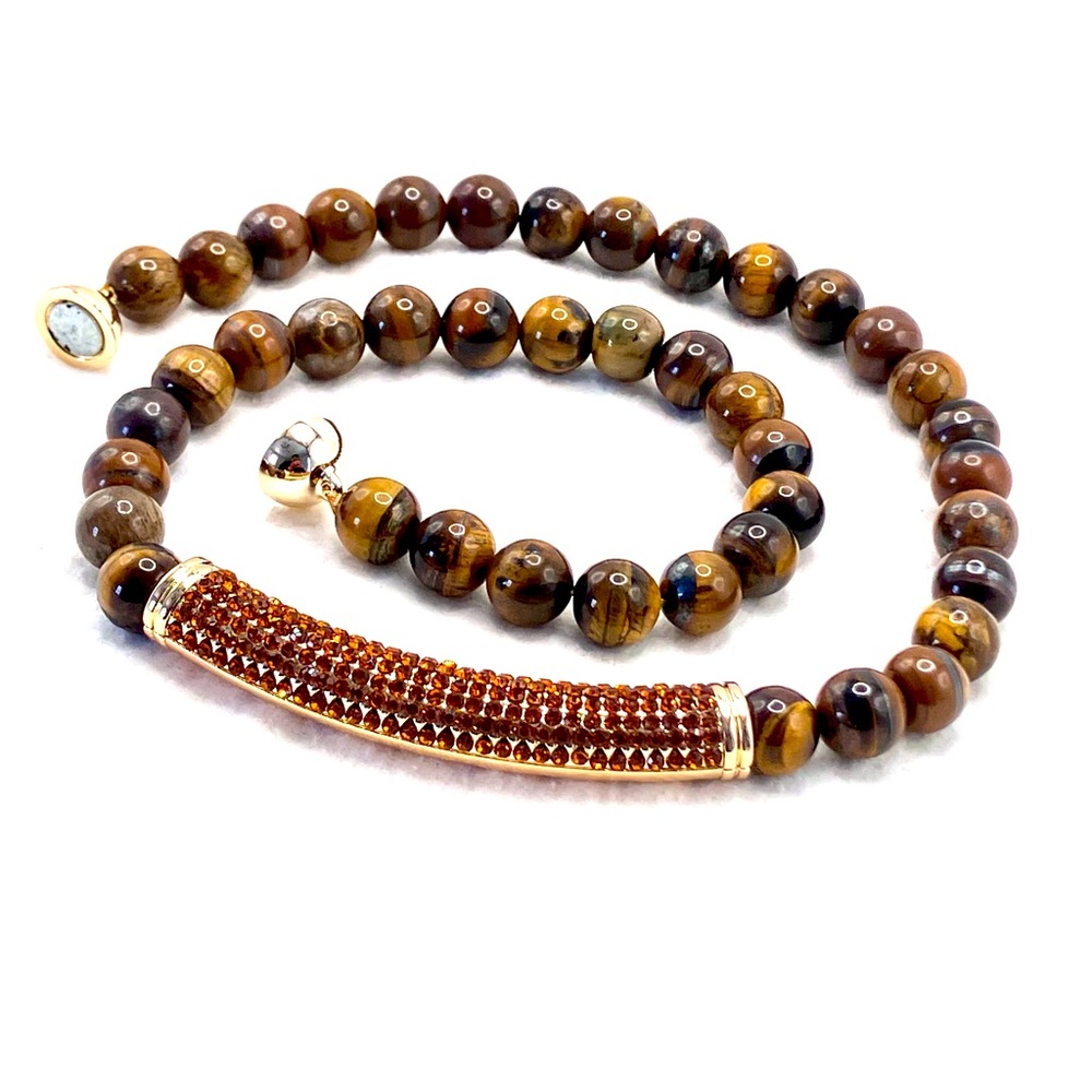 Elegant Tiger Eye Necklace With Chocolate Crystal Focal Component.